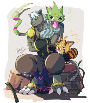 1boy bat_(animal) chiropmon closed_eyes crossed_arms digimon digimon_beatbreak full_body gecko gekkomon group_picture konagonana medium_hair murasamemon pristimon simple_background sleeping stuffed_toy tongue tongue_out white_hair