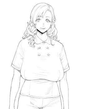 1girl arms_at_sides breasts buttons collared_shirt commentary_request cowboy_shot drill_hair earrings freckles greyscale jewelry keoya_(keoya_01) long_hair looking_at_viewer monochrome original pants parted_bangs sagging_breasts shirt short_sleeves simple_background smile solo tareme white_background