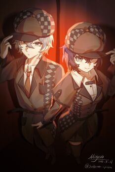 1boy 1girl absurdres adjusting_clothes adjusting_headwear alternate_costume belle_(zenless_zone_zero) belt black_belt black_jacket black_pants black_shoes black_skirt black_thighhighs blue_eyes blue_hair breast_pocket brother_and_sister brown_hat checkered_hat closed_mouth collared_shirt from_above grey_hair hat highres jacket moyaoyaoyaoyao_r necktie object_in_pocket orange_necktie pants pen_in_pocket pocket procreate_(medium) shirt shoes short_hair siblings skirt smile standing thighhighs white_shirt wise_(zenless_zone_zero) zenless_zone_zero