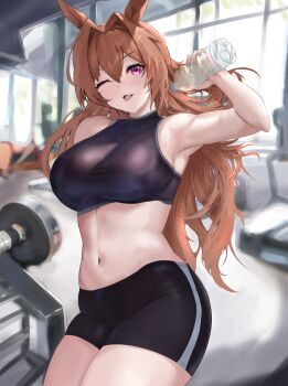 1girl ;d absurdres animal_ears armpits bare_shoulders black_shorts black_sports_bra breasts brown_hair commentary_request cowboy_shot daiwa_scarlet_(umamusume) exercise_machine fang gym hair_between_eyes hair_intakes highres horse_ears horse_girl horse_tail indoors large_breasts long_hair looking_at_viewer midriff navel one_eye_closed open_mouth red_eyes short_shorts shorts sidelocks smile solo sports_bra standing tail tsubuika_(kxsc7542) twintails umamusume very_long_hair
