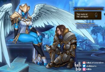 1boy 1girl angel_wings armor black_sleeves blizzard_entertainnment blue_skin breasts brown_hair colored_skin covered_eyes foot_wraps gold_armor gold_trim hand_wraps hellbibiarts kneeling large_breasts thick_thighs thighs warcraft white_skin wide_hips wings world_of_warcraft