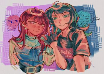 2girls bang_dream! bang_dream!_it&#039;s_mygo!!!!! belt black_belt black_gloves black_shirt blush brown_hair chair closed_mouth commentary embarrassed gloves green_eyes green_hair highres interlocked_fingers long_hair long_sleeves mole mole_under_eye multiple_girls open_mouth phos_(ennuuiim) purple_eyes shiina_taki shirt symbol-only_commentary timoris_(bang_dream!) upper_body white_shirt yahata_umiri yuri