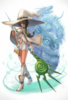 1girl animal bare_shoulders bird blue_theme boots braid cape cryptid dragon fangs full_body gloves green_eyes green_hair hat highres horns horse kuroi_susumu lion long_hair mask multiple_others navel one_eye_closed one_eye_covered open_mouth owl single_braid smile teeth upper_teeth_only wand white_background white_witch_(lack) witch witch_hat wolf