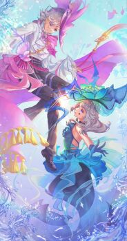 1boy 1girl archionturkey ascot blue_dress blue_gloves brooch commentary curtains dress english_commentary facial_mark floating frilled_ascot frills full_body genshin_impact gloves grin hat highres jewelry layered_ascot long_hair lynette_(genshin_impact) lyney_(genshin_impact) official_alternate_costume outstretched_arms purple_eyes shoes short_hair siblings smile sneakers star_(symbol) star_facial_mark star_sticker sticker tassel teardrop_facial_mark twins veil white_hair wide_sleeves