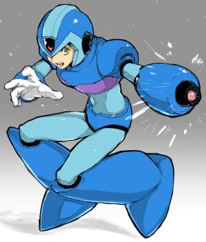 1boy arm_cannon armor blue_armor blue_helmet commentary_request forehead_jewel full_body green_eyes grey_background helmet highres mattyaoishi mega_man_(series) mega_man_x_(series) powering_up simple_background solo weapon x_(mega_man)