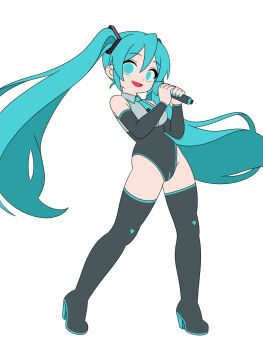 1girl :d alternate_costume aqua_eyes aqua_hair aqua_nails aqua_necktie black_arm_warmers black_leotard black_thighhighs deformed full_body grey_shirt hatsune_miku highres holding holding_microphone leotard long_hair looking_at_viewer microphone monster_l_(hochihochiha) necktie open_mouth shirt sidelocks simple_background sleeveless sleeveless_shirt smile solo thighhighs twintails vocaloid white_background