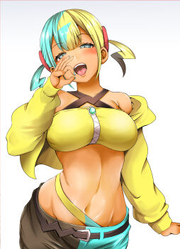 1girl absurdres adahcm aqua_hair aqua_nails armpit_crease bandeau blonde_hair blue_eyes breasts canari_(pokemon) cropped_jacket dark-skinned_female dark_skin fellatio_gesture hair_ornament highres jacket large_breasts looking_at_viewer midriff multicolored_hair navel nintendo open_mouth pants pokemon pokemon_legends:_z-a simple_background solo split-color_hair stomach tongue two-tone_pants white_background yellow_bandeau yellow_jacket zipper_pull_tab