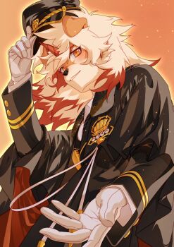 1boy absurdres animal_ears arknights blush character_name commentary_request furry furry_male gloves hat highres holding holding_unworn_clothes holding_unworn_hat horns hung_(arknights) hung_(just_a_driver)_(arknights) looking_at_viewer male_focus mane_(omedemidori) multicolored_hair mythological_creature official_alternate_costume outstretched_hand single_horn streaked_hair unworn_hat unworn_headwear white_gloves