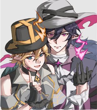 Rule 34 | 2boys, alternate costume, aotu world, arrow (symbol), ascot, baiwuding, bare shoulders, black ascot, black choker, black gloves, black hair, black hat, black jacket, black shirt, blonde hair, blue eyes, brooch, cape, chinese commentary, choker, closed mouth, collarbone, commentary request, earrings, fang, fingerless gloves, fire, fur-trimmed cape, fur trim, gem, gloves, grey background, hair between eyes, halloween costume, hand up, hat, heart, height difference, highres, index finger raised, jacket, jewelry, king (aotu world), long sleeves, looking at viewer, magic, male focus, multiple boys, off shoulder, open mouth, pendant choker, pointy ears, purple eyes, purple fire, purple gem, purple jacket, purple shirt, ray (aotu world), shirt, short hair, simple background, skin fang, smile, top hat, upper body, white ascot, white hat, wizard hat, yaoi