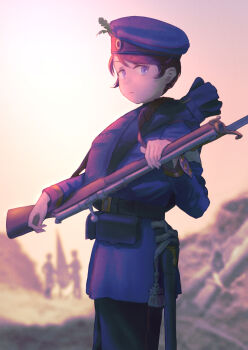 1girl 2others absurdres ammunition_pouch bayonet bedroll belt black_belt blue_eyes blue_hat blue_jacket blue_pants brown_hair closed_mouth commentary cowboy_shot dreyse_needle_gun flag gun hat hat_ornament highres holding holding_gun holding_weapon jacket karasumi_(sumizono) long_sleeves looking_at_viewer military military_uniform multiple_others original pants pouch prussia short_hair weapon