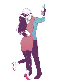 ! 1boy 1girl absurdres ankle_boots arms_around_neck ayuhata_toba bent_over_backwards black_gloves black_hair black_pants black_pantyhose black_shoes blonde_hair blush boots bottle breasts commentary_request couple domino_mask earrings eye_mask full_body gloves gold_earrings hairband hetero high_heel_boots high_heels highres holding holding_bottle hug husband_and_wife jewelry kiss long_hair long_sleeves looking_at_another mask medium_breasts off-shoulder_sweater off_shoulder pants pantyhose red_sweater revision shoes short_hair spy_x_family squeans standing standing_on_one_leg surprise_kiss surprised sweater twilight_(spy_x_family) two-sided_fabric white_background white_boots white_hairband wine_bottle yor_briar