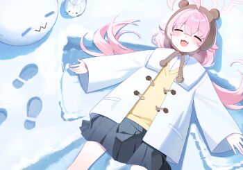 1girl absurdres ahoge alternate_costume bear_hat black_skirt blue_archive blush chestnut_mouth coat commentary_request duffel_coat fang footprints hair_between_eyes halo highres hoshino_(blue_archive) long_hair long_sleeves lying matgandaramjwi on_back open_mouth outdoors pink_hair pink_halo pleated_skirt shirt skirt smile snow_angel snowball solo sweater white_coat white_shirt winter yellow_sweater