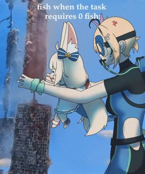 2girls :3 animal_ear_fluff animal_ears animated animated_gif blonde_hair blue_bodysuit blue_streaks bodysuit cat_ears chibi closed_eyes commentary diving_suit dooby dress english_commentary english_text fins fish fish_girl fish_tail frilled_sailor_collar frills goggles highres indie_virtual_youtuber jerboa_tail lifebuoy_anklet lifebuoy_hair_ornament long_hair looking_at_another low_twintails multicolored_hair multiple_girls outdoors paper_boat photo-referenced photo_background sailor_collar sailor_dress sameko_saba sameko_saba_(1st_costume) scrunchie scuba_gear scuba_tank short_hair solid_circle_eyes streaked_hair tail torororose twintails underwater virtual_youtuber white_dress wrist_scrunchie