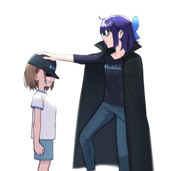 2girls a-chan_(hololive) aged_down black-framed_eyewear black_cape blue_bow blue_hair bow brown_hair cape commentary crying dasdokter english_commentary glasses hair_bow hair_ornament harusaki_nodoka hat hololive multiple_girls one_piece reference scene_reference shirt short_hair virtual_youtuber