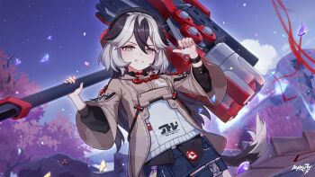 1girl animal_ears beret black_hair black_nails bright_pupils brown_jacket copyright_name coralie_6626_planck coralie_6626_planck_(valkyrie_blastmetal) debris dog_ears dog_girl dog_tail dutch_angle game_cg grass grey_eyes grey_hair hair_between_eyes hammer hat highres holding holding_hammer honkai_(series) honkai_impact_3rd jacket long_hair long_sleeves looking_at_viewer multicolored_hair official_art sidelocks sky solo tail tree two-tone_hair white_pupils