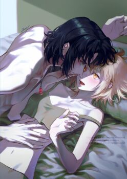 1boy 1girl athrun_zala blonde_hair blue_hair blush breasts cagalli_yula_athha cleavage commentary_request couple gem green_eyes gundam gundam_seed hair_between_eyes hand_on_another's_cheek hand_on_another's_face hand_on_another's_stomach hetero highres inhouhou jewelry looking_at_another medium_breasts midriff necklace on_bed open_mouth parted_bangs red_gemstone sign strap_slip topless_male yellow_eyes