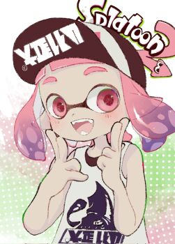 1girl arms_up atataka_soranko black_hat commentary_request hat highres inkling inkling_girl inkling_player_character medium_hair nintendo pink_hair pointy_ears print_hat print_shirt red_eyes red_pupils shirt sleeveless sleeveless_shirt solo splatoon_(series) splatoon_2 standing tentacle_hair thick_eyebrows white_shirt