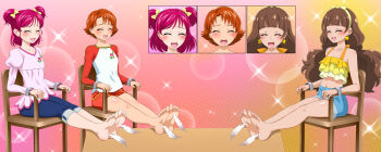 3girls :d amanogawa_kirara arched_bangs bare_arms bare_legs bare_shoulders barefoot blue_pants blue_shorts blush bow bow_hairband brown_hair bubble_background chair closed_eyes coffee_table collarbone colorful_background commentary commission crop_top cropped_shirt denim denim_shorts dress earrings english_commentary facing_ahead feathers feet feet_on_table floral_print flower frilled_shirt frills full_body furrowed_brow go!_princess_precure gradient_background hair_bow hairband halter_shirt halterneck highres in-franchise_crossover jeans jewelry juliet_sleeves laughing long_hair long_sleeves low_twintails midriff mixed-language_commentary multiple_girls natsuki_rin navel on_chair open_mouth orange_hair orcaleon outstretched_legs pants pants_rolled_up pink_background pink_dress pink_hair polka_dot polka_dot_background precure print_dress print_shirt puffy_long_sleeves puffy_sleeves red_background red_shirt red_skirt rose rose_print shirt short_dress short_hair short_twintails shorts sitting skirt smile soles sparkle sparkle_background star_(symbol) star_earrings swept_bangs table tickling tickling_feet toes twintails white_feathers yellow_background yellow_bow yellow_hairband yellow_shirt yes!_precure_5 yes!_precure_5_gogo! yumehara_nozomi