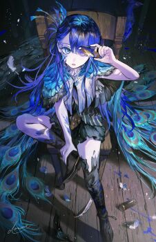 1girl bird black_feathers black_shoes black_skirt blue_eyes blue_feathers blue_hair blue_nails chair commentary_request dot_nose feathers glass_container hand_on_own_ankle highres long_hair looking_at_viewer nail_polish on_chair original ozaki_domino parted_lips peacock peacock_feathers shoes sitting skirt solo white_feathers wooden_floor