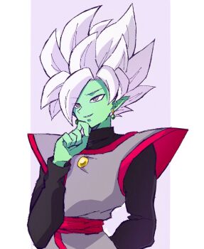 1boy arm_behind_back black_bodysuit bodysuit colored_skin dragon_ball dragon_ball_super earrings fused_zamasu green_skin grey_eyes hand_on_chin highres jewelry komesan_0212 long_sleeves pointy_ears potara_earrings red_sash sash solo spiked_hair white_hair