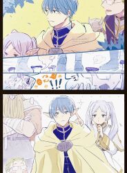 Rule 34 | !, !!, ..., 1girl, 3boys, alternate species, beard, blue eyes, blue hair, blue jacket, cape, capelet, closed mouth, commentary, crossed arms, dress, earrings, eisen (sousou no frieren), elf, english commentary, facial hair, fake horns, frieren, glasses, heiter, helmet, highres, himmel (sousou no frieren), horned helmet, horns, jacket, jewelry, long hair, multiple boys, mushroom, open mouth, pointy ears, short hair, smile, sousou no frieren, sparkle, species switch, spoken ellipsis, twintails, twitter username, white capelet, white dress, white hair, yamasuke040, yellow cape