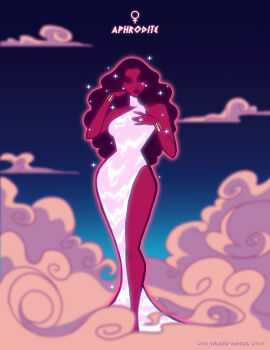 1girl 2025 absurdres aphrodite artist_name bare_arms breasts closed_eyes cloud collarbone colored_skin commentary curvy dated dc_comics dress earrings english_commentary eyeshadow feet_out_of_frame glowing glowing_clothes glowing_dress gold_bracer halter_dress halterneck highres jewelry large_breasts lips long_dress long_legs luis_valero-suarez makeup narrow_waist pink_dress pink_skin purple_eyeshadow purple_hair purple_lips side_slit sky sleeveless sleeveless_dress sparkle sparkling_aura standing thick_lips wide_hips wonder_woman_(series)