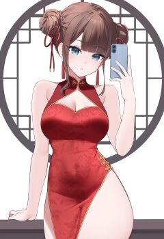 Rule 34 | 1girl, bare shoulders, blue eyes, breasts, brown hair, cellphone, china dress, chinese clothes, cleavage, double bun, dress, glitch stars, hair bun, highres, hip focus, large breasts, miwabelle (vtuber), phone, red dress, selfie, sidelocks, smartphone, thighs, virtual youtuber, wide hips, yuuki02