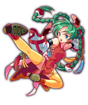 1girl anime_coloring ankle_boots aqua_eyes aqua_flower artist_request back_ribbon bare_shoulders blue_pupils blush_stickers boots bow braid braided_hair_rings brown_gloves china_dress chinese_clothes collar collared_dress crash_fever detached_sleeves dress dress_bow dress_flower earrings eyelashes fingernails flower full_body game_cg gloves green_hair hair_rings half_updo high_collar high_kick jewelry kicking lace-trimmed_collar lace-up_boots lace_trim lang-lang_(crash_fever) long_hair long_sleeves looking_to_the_side martial_arts number_print numbered official_art open_mouth orange_thighhighs outline pink_bow pink_collar pink_ribbon pink_shorts red_boots red_dress red_outline ribbon shoe_soles shorts sleeveless sleeveless_dress solo square square_print tachi-e tassel teeth thighhighs third-party_source tongue transparent_background twin_braids upper_teeth_only vertical-striped_sleeves very_long_hair white_sleeves wide_sleeves yin_yang_hair_ornament