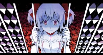 Rule 34 | 10s, 1girl, bags under eyes, bars, bow, cage, captured, choker, dddoochi1, despair, female focus, flower, gloves, hair bow, in cage, kaname madoka, kaname madoka (magical girl), letterboxed, magical girl, mahou shoujo madoka magica, mahou shoujo madoka magica (anime), pink eyes, prisoner, red flower, short twintails, solo, soul gem, spider lily, trapped, twintails