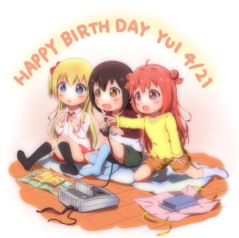 3girls absurdres aged_down ahoge akaza_akari bandaid bandaid_on_face black_hair blonde_hair bow brown_eyes character_name dated fire_(pixiv) funami_yui game_console hair_bow happy_birthday highres instruction_manual long_hair long_sleeves multiple_girls no_shoes open_mouth playing_games pointing purple_eyes red_hair shirt short_hair shorts sitting_on_pillow skirt socks super_famicom super_famicom_cartridge super_famicom_gamepad tongue toshinou_kyouko video_game yuruyuri