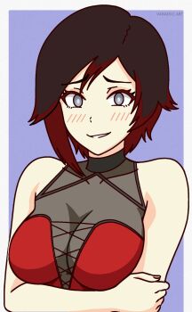 1girl bare_shoulders black_hair blush border breasts commentary dress english_commentary grey_eyes grin highres holding_own_arm looking_at_viewer medium_breasts multicolored_hair purple_background red_dress red_hair ruby_rose rwby see-through_cleavage see-through_clothes short_hair sleeveless sleeveless_dress smile solo streaked_hair two-tone_hair upper_body vanadio_art white_border