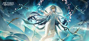 1girl absurdres aether_gazer artist_request bracelet breasts center_opening character_request closed_mouth copyright_name covered_navel dress gold_mask grey_hair highres holding holding_weapon jewelry linea_alba long_hair sleeveless sleeveless_dress solo weapon white_dress