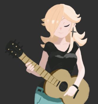 1girl black_shirt blonde_hair closed_eyes closed_mouth collarbone commentary deli_mage earrings english_commentary facing_viewer guitar hair_over_one_eye highres holding holding_guitar holding_instrument instrument jewelry long_hair mario_(series) nintendo official_alternate_costume rosalina shirt short_sleeves solo star_(symbol) star_earrings super_mario_odyssey