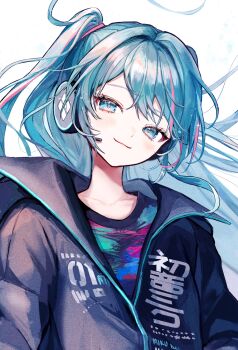 1girl absurdres aqua_eyes aqua_hair black_coat coat collarbone collared_coat commentary_request floating_hair hatsune_miku headset highres looking_at_viewer pipi_(pipinavigation) shirt smile swept_bangs twintails vocaloid white_background