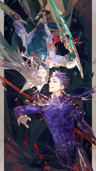 1boy 1girl abs animal_ear_fluff animal_ears aqua_hair armor bead_necklace beads belt black_background black_gloves black_pants black_shorts blue_eyes blue_shirt border breasts chinese_clothes coat commentary cowboy_shot cu_chulainn_(fate) cu_chulainn_(fate/stay_night) cu_chulainn_(honkai:_star_rail)_(fate) cu_chulainn_(lancer)_(fate) earrings english_commentary eyeshadow fate/stay_night fate/unlimited_blade_works fate_(series) feixiao_(honkai:_star_rail) floating_hair forehead_jewel fox_ears fox_girl gae_bolg_(fate) gloves gold_earrings gold_ring gradient_hair grey_border grey_hair hair_ornament hand_up high_ponytail highres holding holding_polearm holding_sword holding_weapon honkai:_star_rail honkai_(series) jewelry lapels long_hair long_sleeves looking_at_another low_ponytail makeup mandarin_collar medium_breasts multicolored_hair muscular muscular_male necklace open_clothes open_coat outside_border pants pectorals petals polearm ponytail purple_shirt red_eyes red_eyeshadow red_ribbon ribbon shirt shorts shoulder_armor single_earring sleeveless sleeveless_shirt smile spear standing sword tassel teeth upside-down v-shaped_eyebrows weapon white_belt white_coat