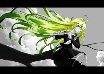 1girl absurdres ahoge cloud commentary_request day feet_out_of_frame floating_hair flute green_hair greyscale highres holding holding_flute holding_instrument instrument letterboxed long_hair long_sleeves looking_at_viewer monochrome music neckerchief nengoro original outdoors playing_instrument pleated_skirt shirt sitting sitting_on_branch skirt sky socks solo spot_color very_long_hair