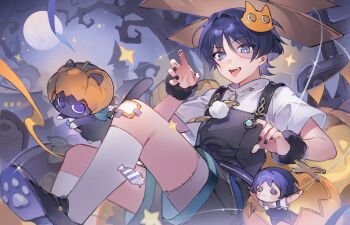 1boy absurdres animalization bare_tree belt black_nails black_overalls black_shoes blue_gemstone blue_pupils blunt_ends casual cat character_doll colored_skin contemporary doll eyeliner eyeshadow feathers full_moon fur_wrist_cuffs gauze_on_knee gem genshin_impact glint grave graveyard grey_skin hair_intakes halloween halloween_costume hands_up highres kneehighs leaf looking_at_viewer makeup male_focus marionette marionette_controller moon nekomi_0 night night_sky official_alternate_costume open_mouth outdoors overalls paw_pose paw_print person_and_animalization pom_pom_(clothes) puppet puppet_strings purple_belt purple_cat purple_eyes purple_hair red_eyeliner red_eyeshadow scaramouche_(cat)_(genshin_impact) scaramouche_(genshin_impact) shirt shoes short_sleeves sitting sky socks stitched_face stitched_leg stitches teeth tombstone tongue tongue_out tree undershirt upper_teeth_only wanderer_(genshin_impact) white_shirt white_sleeves white_socks wispy_bangs wrist_cuffs yellow_feathers