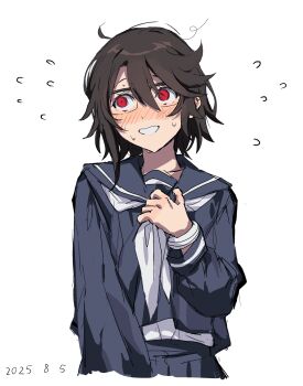 Rule 34 | 1girl, black sailor collar, blush, brown hair, glasses, highres, long sleeves, momijiyama teru, neckerchief, pleated skirt, sailor collar, school uniform, serafuku, shirt, short hair, shy (series), simple background, skirt, smile, solo, sweat, takatisakana, teeth, white background