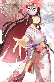 1girl absurdres animal_ear_fluff animal_ears black_hair blue_archive blunt_ends blush closed_mouth colored_inner_hair commentary english_commentary floral_print floral_print_kimono flower fox_ears fox_girl fox_mask fox_tail hair_between_eyes hair_flower hair_ornament halo highres holding holding_umbrella japanese_clothes kimono long_hair looking_at_viewer mask mask_on_head miichi multicolored_hair obi official_alternate_costume pink_flower print_kimono purple_sash reaching reaching_towards_viewer red_hair red_halo red_umbrella sash smile solo tail two-tone_hair umbrella wakamo_(blue_archive) wide_sleeves yellow_eyes