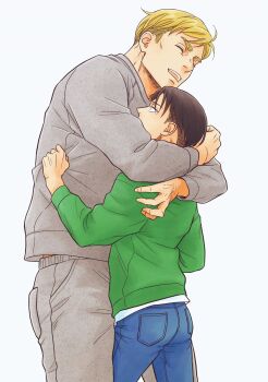 2boys arms_around_neck blonde_hair blue_pants brown_hair closed_eyes clothes_grab commentary_request erwin_smith feet_out_of_frame grabbing_another's_shirt green_sweater grey_pants grey_sweater highres ikichi8tkjn levi_(shingeki_no_kyojin) long_sleeves male_focus multiple_boys open_mouth pants shingeki_no_kyojin shirt short_hair short_sideburns sideburns smile standing sweater teeth thick_eyebrows upper_teeth_only white_background white_shirt