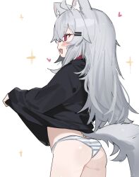 Rule 34 | 1girl, animal ears, ass, black sweater, blush, clothes lift, collar, commentary, cowboy shot, fenrir (fenriluuu), grey hair, heart, highres, lifted by self, long hair, open mouth, original, panties, red collar, red eyes, rir-chan, smile, solo, sparkle, striped clothes, striped panties, sweater, sweater lift, symbol-only commentary, tail, underwear, wolf ears, wolf girl, wolf tail