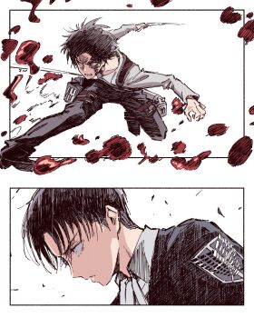 2boys ascot battle black_hair black_shoes blood blood_drop clenched_teeth collarbone collared_shirt eren_yeager full_body furrowed_brow grey_pants harness highres holding holding_weapon holster jacket levi_(shingeki_no_kyojin) looking_at_another looking_at_viewer male_focus military_jacket multiple_boys pants parted_bangs polo_tokki shingeki_no_kyojin shirt shoes survey_corps_(emblem) teeth thigh_holster upper_body weapon white_ascot white_background white_shirt