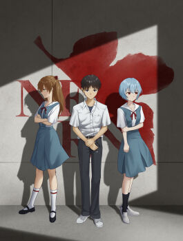 1boy 2girls absurdres ankle_socks aqua_skirt ayanami_rei black_hair black_pants black_shoes black_socks blue_eyes blue_hair brown_hair collared_shirt commentary_request crossed_arms grey_shoes hair_between_eyes hand_on_own_arm highres ikari_shinji interface_headset_(evangelion) keika_(otsukare) logo mp3_player multiple_girls neon_genesis_evangelion nerv pants red_eyes red_ribbon ribbon school_uniform shadow shirt shoes skirt socks souryuu_asuka_langley suspender_skirt suspenders tokyo-3_middle_school_uniform white_shoes white_socks