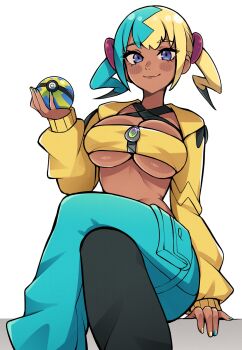 1girl alternate_breast_size_(larger) aqua_hair bandeau black_pants blue_pants breasts canari_(pokemon) center-flap_bangs cleavage criss-cross_halter criss-cross_straps crop_top cropped_jacket curly_sidelocks halterneck highres jacket large_breasts looking_at_viewer mega_ring mega_stone midriff multicolored_hair nail_polish navel nintendo oninuer pants poke_ball pokemon pokemon_legends:_z-a quick_ball shoes short_twintails simple_background solo split-color_hair stomach twintails two-tone_hair underboob white_background yellow_bandeau yellow_jacket zipper