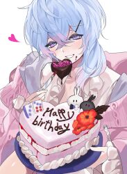Rule 34 | 1boy, birthday, blue hair, blush, bright pupils, cake, cardigan, chocolate, chocolate on face, chocolate syrup, crossed bangs, food, food on face, grin, hair between eyes, hair over shoulder, heart, heart-shaped cake, highres, holding, holding knife, knife, long bangs, looking at viewer, mahjong, mahjong soul, mahjong tile, male focus, mayo (cocoacat19), medium hair, open cardigan, open clothes, pink cardigan, purple eyes, ryan (mahjong soul), shirt, simple background, smile, solo, upper body, whipped cream, white background, white pupils, white shirt