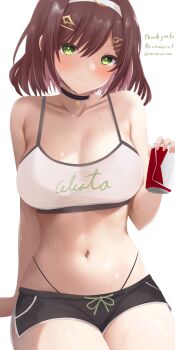 1girl absurdres bare_shoulders black_choker black_footwear blush breasts brown_hair can choker cleavage clothes_writing collarbone commentary_request commission cowboy_shot crop_top dolphin_shorts drink_can fortissimo green_eyes hair_ornament hairband highleg highleg_panties highres holding holding_can indie_virtual_youtuber large_breasts looking_at_viewer miori_celesta miori_celesta_(comfy) miori_celesta_(guildmaster) miwataru mole mole_on_armpit musical_note musical_note_hair_ornament navel panties short_hair shorts skeb_commission smile solo star_(symbol) star_in_eye sweat symbol_in_eye thank_you treble_clef twitter_username underwear virtual_youtuber white_hairband