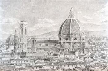 architecture building city commentary_request dome florence_(city) gk-8716 graphite_(medium) greyscale italy monochrome no_humans original outdoors real_world_location scenery tower traditional_media