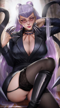 1girl black_suit black_thighhighs breasts center_opening cleavage commentary demon_girl english_commentary evelynn_(league_of_legends) formal_clothes glasses highres jewelry k/da_(league_of_legends) k/da_all_out_evelynn large_breasts league_of_legends long_hair looking_at_viewer necklace panties pantyshot solo suit the_baddest_evelynn thighhighs thighs tooth_necklace turewindwalker underwear very_long_hair white_hair yellow_eyes