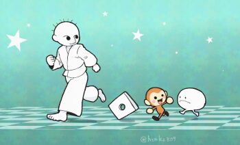 1boy 3others :d animal barefoot blue_background colored_skin dougi gradient_background hoshi_(star-name2000) karate_gi karateka_(rhythm_tengoku) looking_at_another minna_no_rhythm_tengoku monkey monkey_(rhythm_tengoku) multiple_others open_mouth rhythm_tengoku rhythm_tengoku_gold rhythm_tengoku_miracle_stars smile star_(symbol) tongue twitter_username walking white_skin widget_(rhythm_tengoku)