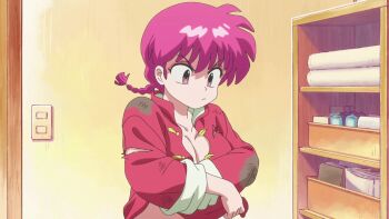 1girl animated braid braided_ponytail breasts brown_eyes chinese_clothes clothes_lift genderswap genderswap_(mtf) highres medium_breasts no_nipples pink_hair ranma-chan ranma_1/2 saotome_ranma shirt_lift tagme undressing video